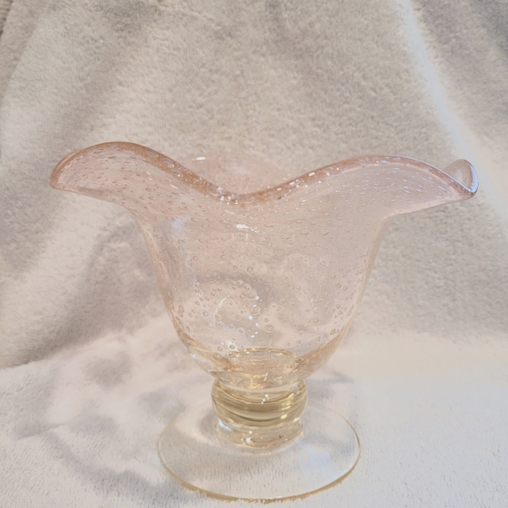 Depression Art Hand Blown Pink Pedestal Bubble Vase/Compote With Ruffled Edge